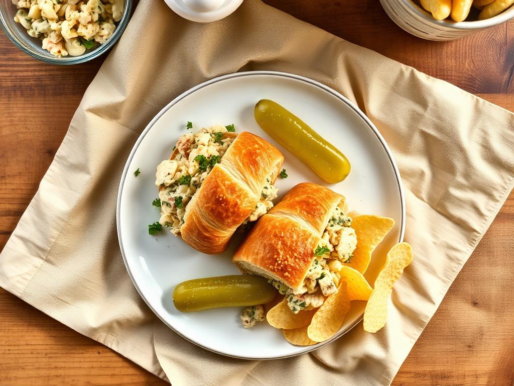 Chicken salad croissant plate with pasta salad, pickle and chips